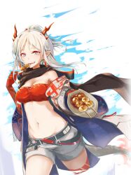 Rule 34 | 1girl, arknights, bandeau, belt, black belt, braid, breasts, cleavage, commentary request, cropped legs, dragon girl, dragon horns, dragon tail, eating, food, food request, grey eyes, grey hair, grey shorts, groin, hellnyaa, highres, holding, holding food, horns, jacket, long hair, long sleeves, medium breasts, navel, nian (arknights), open clothes, open jacket, parted lips, pointy ears, ponytail, short shorts, shorts, solo, tail, white background, white jacket, wide sleeves