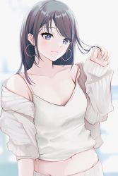 Rule 34 | 1girl, absurdres, black hair, blush, breasts, collarbone, crop top, earrings, groin, highres, holding, holding hair, hoop earrings, idolmaster, idolmaster shiny colors, jacket, jewelry, kazano hiori, light smile, looking at viewer, mole, mole under mouth, navel, ribbed sweater, sienekko, small breasts, solo, straight hair, sweater, sweater jacket, tank top, upper body, white jacket, white tank top