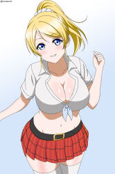 Rule 34 | 1girl, absurdres, artist name, ayase eli, belt, blonde hair, blue eyes, blush, breasts, cleavage, dorsalec, gradient background, hair ornament, hair scrunchie, highres, large breasts, long hair, looking at viewer, love live!, love live! school idol project, midriff, navel, parted lips, ponytail, scrunchie, skirt, smile, solo, standing, thighhighs, thighs