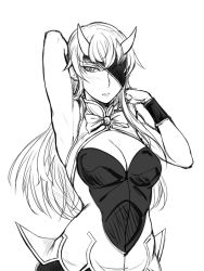 Rule 34 | 1girl, arm up, armpits, black beat, bodysuit, breasts, character request, eyepatch, female focus, horns, leotard, monochrome, simple background, solo