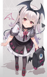 Rule 34 | 1girl, absurdres, amahara subaru, backpack, bag, black choker, black hairband, black pantyhose, black ribbon, black sailor collar, black skirt, choker, commentary request, crossed bangs, demon tail, english text, engrish text, fake wings, flower, full body, hair ribbon, hairband, highres, holding, holding bag, leaning forward, long hair, looking at viewer, original, pantyhose, parted lips, petals, pleated skirt, pointy ears, ranguage, red eyes, red flower, red footwear, red rose, ribbon, rose, sailor collar, school uniform, serafuku, shirt, shoes, short sleeves, silver hair, skirt, solo, standing, tail, tail raised, two side up, very long hair, white shirt, winged bag, winged hairband, wings