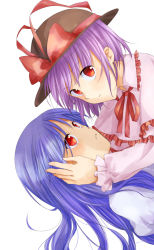 2girls bad_id bad_pixiv_id blue_hair female_focus hat hinanawi_tenshi kutsushita kutsushita_(tokati_r) multiple_girls nagae_iku purple_hair red_eyes touhou