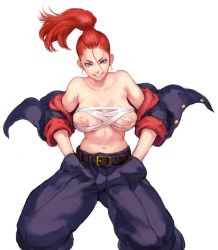 Rule 34 | 1girl, banchou, bare shoulders, breasts, collarbone, cowboy shot, delinquent, duplicate, hair between eyes, hands in pockets, large areolae, large breasts, legs apart, looking at viewer, navel, nipples, original, ponytail, red hair, sarashi, shu-mai, simple background, smile, solo, standing, stomach, tomboy, undone sarashi, v-shaped eyebrows, white background