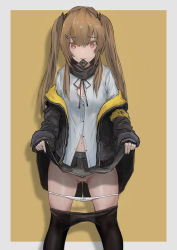 Rule 34 | 1girl, absurdres, aegisfate, belt, brown hair, clothes lift, clothes pull, coat, condom, condom in mouth, condom wrapper, girls&#039; frontline, gluteal fold, heart, heart-shaped pupils, highres, mouth hold, navel, panties, panty pull, pantyhose, pantyhose pull, pussy, pussy juice, pussy juice trail, red eyes, scarf, skirt, skirt lift, solo, symbol-shaped pupils, twintails, ump9 (girls&#039; frontline), underwear