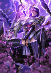Rule 34 | 1girl, bare shoulders, black thighhighs, blunt bangs, braid, breasts, cherry blossoms, cleavage, drawing sword, electricity, genshin impact, highres, holding, holding sword, holding weapon, human scabbard, japanese clothes, large breasts, liang xing, lightning, long hair, looking at viewer, low-braided long hair, low-tied long hair, mitsudomoe (shape), nail polish, paid reward available, pelvic curtain, purple hair, raiden shogun, sitting, solo, sword, tagme, thighhighs, tomoe (symbol), weapon