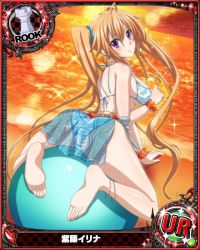 Rule 34 | 1girl, bikini, blush, breasts, card (medium), character name, chess piece, closed mouth, high school dxd, large breasts, long hair, looking at viewer, navel, official art, orange hair, purple eyes, rook (chess), shidou irina, solo, swimsuit, trading card, twintails, very long hair