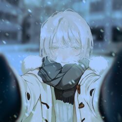Rule 34 | 1girl, closed mouth, coat, fringe trim, fur-trimmed coat, fur trim, looking at viewer, m zazan, meme, original, outstretched arms, pov cheek warming (meme), reaching, reaching towards viewer, scarf, short hair, smile, snowing, solo, upper body