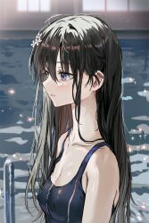 Rule 34 | 1girl, bare arms, black hair, blue one-piece swimsuit, blush, breasts, cleavage, collarbone, covered erect nipples, expressionless, flower, glint, hair between eyes, hair flower, hair ornament, highres, indoors, long hair, long neck, looking to the side, one-piece swimsuit, original, pool, purple eyes, saya (mychristian2), sidelocks, small breasts, solo, swimsuit, upper body, window