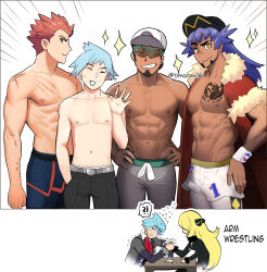 Rule 34 | !?, 1girl, 4boys, abs, arm wrestling, baseball cap, belt, black hair, black pants, blonde hair, blue hair, blue pants, cape, chest tattoo, closed eyes, commentary, creatures (company), cynthia (pokemon), dynamax band, emphasis lines, english commentary, english text, facial hair, flying sweatdrops, game freak, goatee, goro orb, grey belt, grey pants, grin, hand in pocket, hands on own hips, hat, highres, jewelry, kukui (pokemon), lance (pokemon), leggings, leon (pokemon), male focus, multiple boys, multiple rings, muscular, muscular male, navel, nintendo, nipples, pants, pectorals, pokemon, pokemon dppt, pokemon hgss, pokemon oras, pokemon sm, pokemon swsh, purple hair, red cape, red hair, ring, scar, scar on chest, short hair, shorts, smile, sparkle, speech bubble, spiked hair, spoken interrobang, steven stone, sunglasses, sweat, tattoo, teeth, topless male, trembling, twitter username, white shorts, wristband