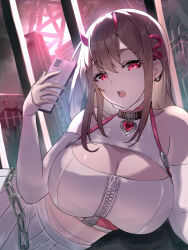 Rule 34 | 1girl, blush, breasts, cellphone, cleavage cutout, clothing cutout, crop top, demon horns, fishnet pantyhose, fishnets, goddess of victory: nikke, hatenoga, holding, holding phone, horns, jacket, jacket partially removed, jewelry, large breasts, light brown hair, looking at viewer, lying, mask, mask pull, mole, mole under eye, mouth mask, nail polish, on side, pantyhose, phone, pink jacket, pleated skirt, red eyes, ring, skirt, smile, solo, viper (nikke), white mask, white skirt, zipper pull tab