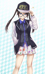 Rule 34 | 1girl, :p, arigato (rmskrtkdlqj), arm up, bad id, bad pixiv id, bare legs, baseball cap, black-framed eyewear, black hair, black hat, black jacket, black shirt, blue eyes, blush, breasts, closed mouth, clothes writing, collared shirt, commentary request, feet out of frame, glasses, hand in pocket, hand on headwear, hat, highres, idolmaster, idolmaster shiny colors, jacket, legs apart, long hair, long sleeves, looking at viewer, miniskirt, mitsumine yuika, open clothes, open jacket, patterned background, patterned clothing, pleated skirt, print skirt, raglan sleeves, shirt, skirt, small breasts, solo, standing, star (symbol), tongue, tongue out, twintails, two-tone background, unmoving pattern, white skirt, white sleeves