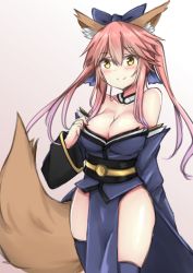 Rule 34 | 10s, 1girl, animal ears, blue thighhighs, breasts, cleavage, collarbone, detached sleeves, fate/extra, fate/grand order, fate (series), fox ears, fox tail, hair ribbon, hakuya (white night), highres, japanese clothes, large breasts, looking at viewer, pink hair, ribbon, solo, tail, tamamo no mae (fate/extra), thighhighs, yellow eyes