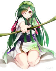 Rule 34 | 10s, 1girl, 2015, ;), dated, green hair, highres, japanese clothes, long hair, looking at viewer, one eye closed, otokuyou, simple background, sitting, smile, solo, touhoku zunko, vocaloid, voiceroid, wariza, white background, yellow eyes