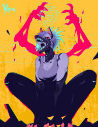 Rule 34 | 1girl, animal ears, arms between legs, artist name, black sclera, blue hair, breasts, chromatic aberration, claws, cleavage, collarbone, colored sclera, cyberpunk (series), cyborg, extra ears, eyeshadow, fangs, full body, gradient hair, highres, koyorin, large breasts, looking at viewer, makeup, mechanical arms, multicolored hair, open mouth, original, red eyeshadow, ringed eyes, short hair, sleeveless, solo, squatting, tank top, v-shaped eyebrows, wolf ears, yellow background