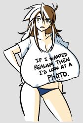 Rule 34 | 1girl, blue panties, breasts, brown hair, cleavage, clothes writing, covered erect nipples, english text, female focus, gigantic breasts, humor, lass (ego trigger), long hair, matsu-sensei, original, panties, shirt, solo, standing, triangle mouth, underwear, white shirt