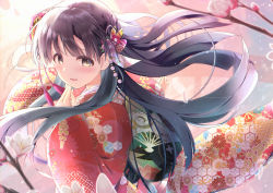 Rule 34 | 1girl, akisaka yamoka, black hair, blunt bangs, blurry, branch, brown eyes, cherry blossoms, commentary request, depth of field, floral print, flower, hair blowing, hair flower, hair ornament, highres, idolmaster, idolmaster cinderella girls, japanese clothes, kimono, kobayakawa sae, looking at viewer, looking to the side, new year, open mouth, petals, print kimono, red kimono, smile, solo, upper body, wide sleeves