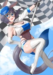 Rule 34 | 1girl, absurdres, alternate costume, animal ears, asymmetrical gloves, black-framed eyewear, black gloves, black hair, black leotard, blue eyes, blue hat, blue shorts, blue sky, blush, boots, braid, braided ponytail, breasts, checkered flag, cleavage, cloud, cloudy sky, commentary request, factory314, flag, foot out of frame, gloves, hair between eyes, hat, highleg, highleg leotard, highres, holding, holding flag, horse ears, horse girl, horse tail, large breasts, leotard, long hair, mismatched gloves, open mouth, outdoors, race queen, shorts, sky, smile, solo, tail, thigh boots, umamusume, white footwear, zenno rob roy (umamusume)