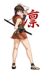 Rule 34 | 1girl, :p, ass, bouningen, breasts, brown eyes, brown hair, fox mask, full body, highres, japanese clothes, kimono, kneepits, kunoichi, mask, mask on head, ninja, ninjatou, rin (tenchuu), sandals, sash, scabbard, sheath, sheathed, short hair, short kimono, short sword, sleeveless, sleeveless kimono, small breasts, solo, sword, sword behind back, tenchuu, toes, tongue, tongue out, vambraces, weapon, white background
