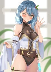 Rule 34 | 1girl, bare shoulders, belt, black leotard, blue hair, breasts, cleavage, closed mouth, collarbone, corset, covered navel, cowboy shot, detached sleeves, gold trim, hair ornament, hand up, hazuki manyu, highleg, highleg leotard, highres, izumo neru, leotard, long hair, long sleeves, looking at viewer, medium breasts, melpo production, mole, mole on thigh, nail polish, one eye closed, smile, solo, standing, thigh strap, thighs, virtual youtuber, wide sleeves