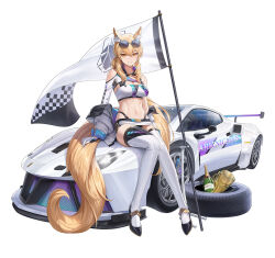 Rule 34 | 1girl, alternate costume, animal ear fluff, animal ears, arknights, bandeau, bare shoulders, bikini, black bikini, black footwear, blonde hair, breasts, car, champagne bottle, character name, checkered flag, cleavage, clothes writing, clothing cutout, commentary, copyright name, cryturtle, eyewear on head, flag, gloves, half-shrug, high heels, highleg, highleg bikini, highres, horse ears, horse girl, horse tail, jacket, kingdom of kazimierz logo, lamborghini, large breasts, long hair, medium breasts, microskirt, motor vehicle, navel, nearl (arknights), open clothes, open jacket, orange eyes, ponytail, race queen, shoulder cutout, simple background, sitting on car, skirt, smile, solo, sports car, stomach, sunglasses, swimsuit, symbol-only commentary, tail, thighhighs, tire, trophy, very long tail, white background, white bandeau, white car, white gloves, white jacket, white skirt, white thighhighs