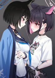 Rule 34 | 2girls, :d, absurdres, anger vein, animal ear fluff, animal ears, arrow (symbol), asymmetrical docking, black choker, black eyes, black hair, black jacket, black nails, blue archive, blunt bangs, blush, bob cut, bow choker, breast contest, breast press, breasts, cat ears, cat girl, cat tail, choker, clothes around waist, collarbone, colored inner hair, commentary request, extra ears, eyeshadow, halo, haori, height difference, highres, jacket, jacket around waist, japanese clothes, jewelry, kazusa (band) (blue archive), kazusa (blue archive), kikyou (blue archive), long sleeves, looking at another, looking down, makeup, mask, medium breasts, mouth mask, multicolored hair, multiple girls, multiple tails, nail polish, nekomata, official alternate costume, open mouth, pizza (pizzania company), profile, red eyes, red eyeshadow, ring, school uniform, serafuku, shirt, short hair, short sleeves, sidelocks, simple background, small breasts, smile, smirk, smug, surgical mask, t-shirt, tail, two-tone hair, two tails, white serafuku, white shirt