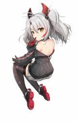 Rule 34 | 1girl, aged down, antenna hair, azur lane, bare shoulders, black footwear, black gloves, black jacket, black thighhighs, brown eyes, commentary request, finger to mouth, from behind, full body, gloves, grey hair, grey skirt, hair between eyes, headgear, highres, jacket, kafeifeifeifeifeifei jiemo jun, little prinz eugen (azur lane), long sleeves, multicolored hair, off shoulder, parted bangs, pleated skirt, prinz eugen (azur lane), puffy long sleeves, puffy sleeves, red hair, shoe soles, shoes, simple background, skirt, sleeves past wrists, solo, streaked hair, thighhighs, twintails, white background