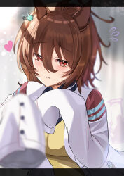 Rule 34 | 1girl, absurdres, agnes tachyon (umamusume), ahoge, animal ears, black necktie, blurry, blurry background, blurry foreground, blush, brown hair, chemical structure, closed mouth, coat, collared shirt, commentary, earrings, hair between eyes, heart, highres, horse ears, horse girl, jewelry, lab coat, looking at viewer, messy hair, necktie, notice lines, open clothes, open coat, red eyes, shirt, short hair, single earring, sleeves past fingers, sleeves past wrists, solo, sweater vest, umamusume, upper body, very long sleeves, white coat, yellow sweater vest, yuutera10