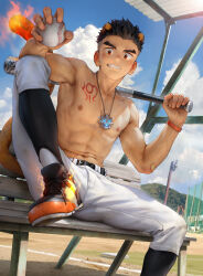 Rule 34 | 1boy, abs, aged down, alca (wakatanka4), animal ears, ball, bandaid, bandaid on arm, baseball bat, beitemian, belt, black belt, black footwear, black hair, chest tattoo, cloud, day, gyee, highres, holding, holding ball, jewelry, lion boy, lion ears, lion tail, looking at viewer, male focus, navel, necklace, nipples, outdoors, pants, short hair, sky, smile, solo, tail, tattoo, teeth, toned, toned male, topless male, white pants
