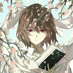 Rule 34 | 1boy, book, brown hair, cherry blossoms, chinese commentary, closed mouth, collared shirt, commentary request, floating hair, hair between eyes, harada mutei, highres, holding, holding book, looking at viewer, male focus, portrait, red eyes, saibou shinkyoku, shirt, short hair, smile, solo, white shirt, xiaohuaitongxue