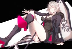 Rule 34 | arm on knee, arm support, ass, bad id, bad pixiv id, black dress, black jacket, black panties, boots, breasts, cleavage, colored skin, crossed legs, dore (gilles dore), dress, expressionless, eyes visible through hair, fate/grand order, fate (series), flag, flagpole, fur-trimmed jacket, fur trim, hair between eyes, high heel boots, high heels, jacket, jeanne d&#039;arc (fate), jeanne d&#039;arc alter (fate), jeanne d&#039;arc alter (ver. shinjuku 1999) (fate), jewelry, knee boots, light particles, long sleeves, looking at viewer, necklace, official alternate costume, open clothes, open jacket, outstretched arm, outstretched hand, panties, pantyshot, parted lips, pendant, pole, short dress, short hair, silver hair, simple background, sitting, solo, thighs, underwear, white skin