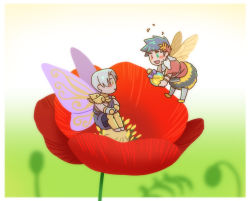 Rule 34 | 2boys, :d, ancient greek clothes, astraea f, bee wings, black hair, blush stickers, butterfly wings, flower, greco-roman clothes, green eyes, hades (series), hades 1, heterochromia, insect wings, laurel crown, lowres, male focus, mini person, miniboy, multiple boys, open mouth, poppy (flower), red eyes, red flower, silver hair, sitting, smile, thanatos (hades), wings, yellow eyes, zagreus (hades)