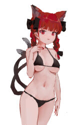 Rule 34 | 1girl, alternate costume, animal ear fluff, animal ears, arm at side, bikini, black bikini, black bow, blunt bangs, bow, braid, breasts, cat ears, cat tail, cowboy shot, extra ears, hair behind ear, hair bow, hair ribbon, hand up, highres, kaenbyou rin, light blush, long hair, looking down, medium breasts, multiple tails, nail polish, navel, nekomata, parted lips, pointy ears, red eyes, red hair, red nails, reddizen, ribbon, simple background, solo, standing, swimsuit, tail, tail raised, touhou, tress ribbon, twin braids, two tails, white background