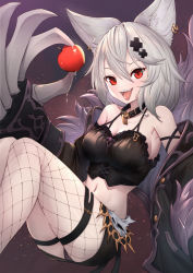 Rule 34 | 1girl, alter ego malevolent (granblue fantasy), animal ears, apple, armpits, black jacket, black panties, black skirt, blush, breasts, claw (weapon), claws, cleavage, collar, commentary request, cosplay, crop top, earrings, erune, fangs, fishnet legwear, fishnets, food, fruit, fur-trimmed jacket, fur trim, granblue fantasy, grey hair, hair between eyes, highres, jacket, jewelry, large breasts, long sleeves, looking at viewer, midriff, miniskirt, navel, open mouth, panties, pantyshot, red eyes, sen (granblue fantasy), single leg pantyhose, skirt, smile, solo, thighs, tongue, tongue out, underwear, uneg, weapon