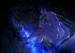 Rule 34 | 1girl, achiki, barefoot, black eyes, black hair, blue hair, closed mouth, commentary request, dress, long hair, long sleeves, looking away, multicolored hair, original, profile, reflection, ripples, rowboat, sky, soaking feet, solo, star (sky), starry sky, transparent, two-tone hair, water, white dress