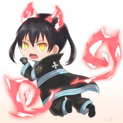 Rule 34 | 1girl, baggy pants, beige background, black coat, black footwear, black gloves, black hair, black pants, boots, chibi, coat, commentary request, en&#039;en no shouboutai, eyebrows hidden by hair, facing viewer, fiery ears, fiery tail, fire, from behind, fujito (call f ), full body, gloves, gradient background, highres, long sleeves, open clothes, open coat, open mouth, outline, pants, paw pose, sidelocks, signature, simple background, solo, tail, tamaki kotatsu, two side up, white background, yellow eyes