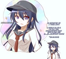Rule 34 | 10s, 1girl, :d, akatsuki (kancolle), alternate breast size, anchor symbol, bad id, bad pixiv id, black hair, blush stickers, english text, flat cap, hat, kantai collection, long hair, long sleeves, aged up, open mouth, rexlent, school uniform, serafuku, smile, solo, sparkle