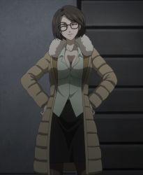 Rule 34 | 1girl, breasts, brown hair, cleavage, closed eyes, glasses, hands on own hips, highres, judy reyes, screencap, short hair, skirt, solo, steins;gate, steins;gate 0, stitched, third-party edit