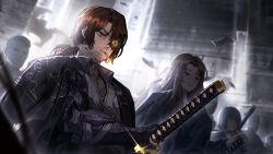 Rule 34 | 1other, 2girls, 4boys, beard stubble, black hair, black kimono, blue eyes, bob cut, brown hair, chest tattoo, cigarette, closed mouth, collared shirt, dress shirt, eyepatch, facial hair, game cg, gregor (project moon), highres, holding, holding sword, holding weapon, japanese clothes, kimono, limbus company, long hair, male focus, mole, mole under eye, multiple boys, multiple girls, nai ga, neck tattoo, official art, one eye covered, orange eyes, outdoors, project moon, prosthesis, prosthetic arm, red eyes, rodion (project moon), ryoshu (project moon), sheath, shirt, short hair, sidelocks, smoke, smoking, solo focus, standing, stubble, sword, tattoo, unsheathing, weapon, white shirt, wing collar