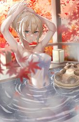 Rule 34 | 1girl, absurdres, alternate breast size, armpits, autumn leaves, blonde hair, blue eyes, blush, breasts, collarbone, covered navel, hair between eyes, highres, hololive, kazama iroha, large breasts, long hair, looking at viewer, naked towel, onsen, partially submerged, pokobee, ponytail, raag jp, smile, solo, steam, thighs, towel, tree, tying hair, virtual youtuber, water, wet