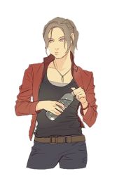 Rule 34 | 1girl, artist request, black pants, black shirt, blue eyes, bottle, brown hair, claire redfield, cowboy shot, grey eyes, holding, holding bottle, jacket, jewelry, long hair, looking to the side, necklace, non-web source, pants, ponytail, red jacket, resident evil, resident evil 2, shirt, simple background, solo, source request, transparent background, white background