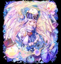 1girl animal arm_up detached_sleeves dress hat head_tilt heart highres holding jewelry large_wings long_hair long_sleeves looking_at_viewer magic merc_storia official_art open_mouth outstretched_arm pink_hair purple_eyes smile solo star_(symbol) tachi-e twintails very_long_hair wings