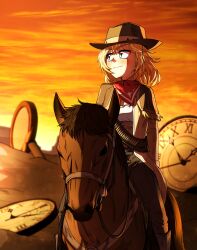 Rule 34 | 1girl, absurdres, bandana, bandolier, blonde hair, blue eyes, blush, bob cut, boots, brown capelet, brown coat, brown hat, brown skirt, capelet, chaps, clock, closed mouth, coat, commentary, cowboy boots, cowboy hat, ddolbang, desert, english commentary, hair ornament, hat, high-waist skirt, highres, hololive, hololive english, horse, horseback riding, looking to the side, messy hair, outdoors, plaid, plaid skirt, red bandana, riding, shirt, short hair, skirt, sunset, virtual youtuber, watson amelia, watson amelia (1st costume), white shirt