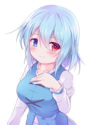 Rule 34 | 1girl, blue eyes, blue hair, blue vest, blush, breasts, closed mouth, cross-laced footwear, hair between eyes, hand on own chest, heterochromia, highres, juliet sleeves, large breasts, long sleeves, looking at viewer, puffy sleeves, red eyes, saisyuusensi, shirt, short hair, simple background, smile, solo, tatara kogasa, touhou, upper body, vest, white background, white shirt