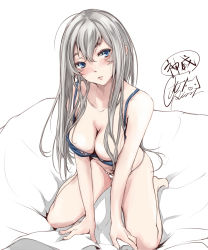Rule 34 | 10s, 1girl, alternate hairstyle, bare legs, barefoot, blue eyes, blush, breasts, cleavage, closed mouth, hair between eyes, hair over breasts, kamoi (kancolle), kantai collection, large breasts, leaning forward, lips, long hair, looking away, panties, rizzl, silver hair, sitting, solo, thick eyebrows, underwear, wariza, white panties