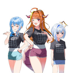 Rule 34 | 3girls, absurdres, ahoge, alternate costume, amane kanata, black shirt, blouse, blue hair, blunt bangs, blush stickers, bow, braid, breast envy, breasts, closed eyes, commentary request, diagonal-striped bow, dolphin shorts, fang, flat chest, hair between eyes, hand on own hip, highres, hololive, horns, hoshimachi suisei, illusion grid t-shirt, kiryu coco, large breasts, long hair, medium breasts, multiple girls, nonbire, one eye closed, orange hair, pointy ears, shirt, short hair, shorts, side braid, simple background, single braid, skin fang, striped, t-shirt, tented shirt, virtual youtuber, wavy hair, white background