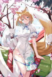 Rule 34 | 1girl, absurdres, adapted costume, animal, animal ear fluff, animal ears, aoi (buzhuen444), bamboo, blonde hair, blue bow, blue eyes, blue neckwear, bow, breasts, cherry blossoms, closed mouth, cloud, cloudy sky, colored skin, eyes visible through hair, fox, fox ears, fox tail, hair between eyes, half-closed eyes, highres, jumpsuit, kudamaki tsukasa, light, looking at viewer, medium breasts, no panties, petals, shadow, short hair, short sleeves, sky, smile, solo, standing, sunlight, tail, thighs, touhou, tree, unconnected marketeers, white jumpsuit, white skin, white sleeves
