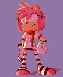 Rule 34 | 1girl, absurdres, alternate costume, amy rose, animal ears, animal nose, arm at side, backlighting, body fur, closed mouth, dress, female focus, furry, furry female, gloves, green eyes, hairband, hand on own hip, highres, looking at viewer, pink fur, pink hair, pocket, purple background, red hairband, red scarf, scarf, short dress, short hair, short sleeves, sidelocks, sideways mouth, simple background, sketch, solo, sonic (series), stellarspin, stirrup legwear, striped clothes, striped thighhighs, thighhighs, toeless legwear, two-tone fur, white dress, white gloves, zettai ryouiki