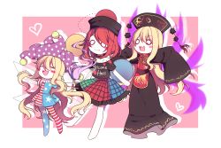 Rule 34 | 3girls, absurdres, american flag dress, american flag legwear, barefoot, bing zizi, black dress, black shirt, blonde hair, blush stickers, chinese clothes, closed eyes, clothes writing, clownpiece, dress, fairy wings, hat, heart, hecatia lapislazuli, highres, jester cap, junko (touhou), long hair, long sleeves, multicolored clothes, multicolored skirt, multiple girls, neck ruff, off-shoulder shirt, off shoulder, outstretched arms, pantyhose, plaid, plaid skirt, polka dot, red hair, shirt, short dress, short sleeves, skirt, smile, solid circle eyes, star (symbol), star print, striped, t-shirt, tabard, touhou, very long hair, wide sleeves, wings