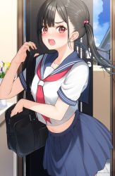 Rule 34 | 1girl, bag, black hair, blue sailor collar, blue skirt, blue sky, cloud, commentary request, day, hair bobbles, hair ornament, holding, holding bag, long hair, looking at viewer, midriff, midriff peek, mottsun (i 40y), navel, open mouth, original, paid reward available, pleated skirt, red eyes, red neckwear, sailor collar, school uniform, serafuku, short sleeves, skirt, sky, solo, twintails