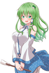 Rule 34 | 1girl, :d, absurdres, bare shoulders, blue skirt, blush, breasts, commentary request, cowboy shot, detached sleeves, frog hair ornament, green eyes, green hair, hair between eyes, hair ornament, hair tubes, highres, holding, kochiya sanae, large breasts, long hair, long sleeves, looking at viewer, miniskirt, mukkushi, open mouth, shirt, sidelocks, simple background, skirt, smile, snake hair ornament, solo, standing, touhou, white background, white shirt, wide sleeves, wing collar